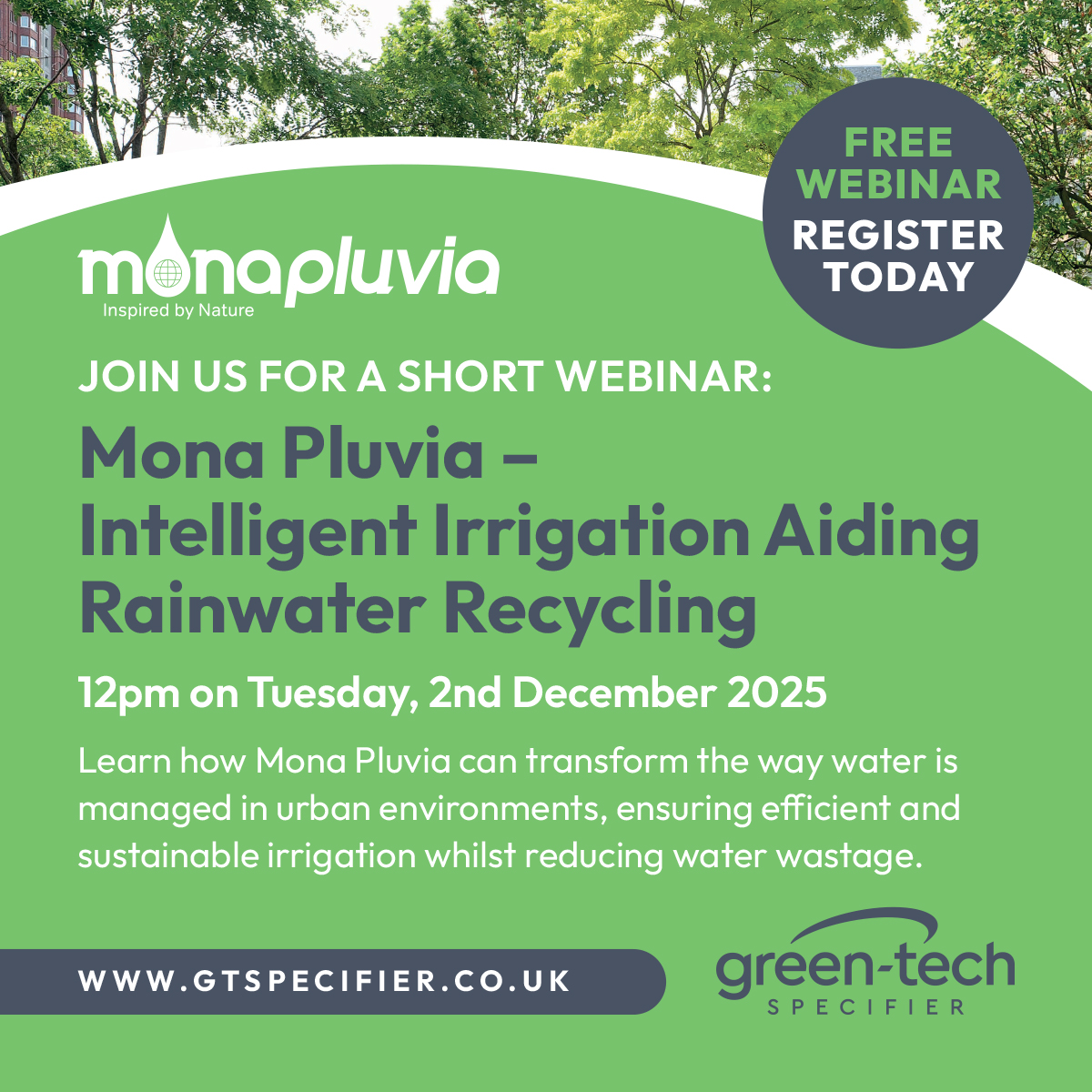 Green-tech announces free webinar on Mona Pluvia – Intelligent Irrigation Aiding Water Recycling